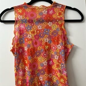 SHEIN Vibrant Floral Sleeveless Blouse - Orange and Pink